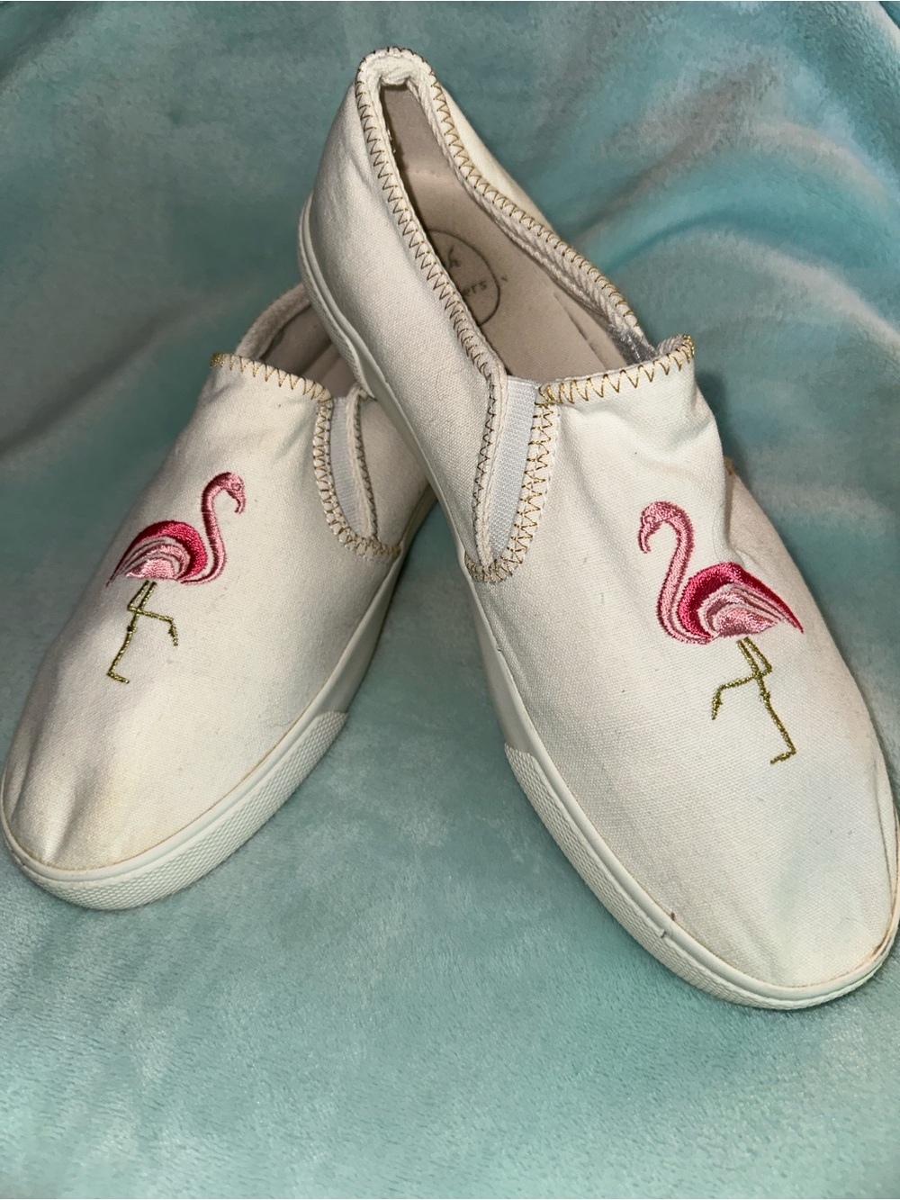 Jack Rogers White Slip-On Sneakers with Pink Flamingo Embroidery